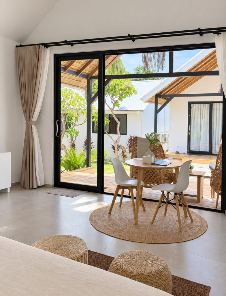 Dining table and chairs beside the glass doors with greenery outside and the bed in the foreground.
