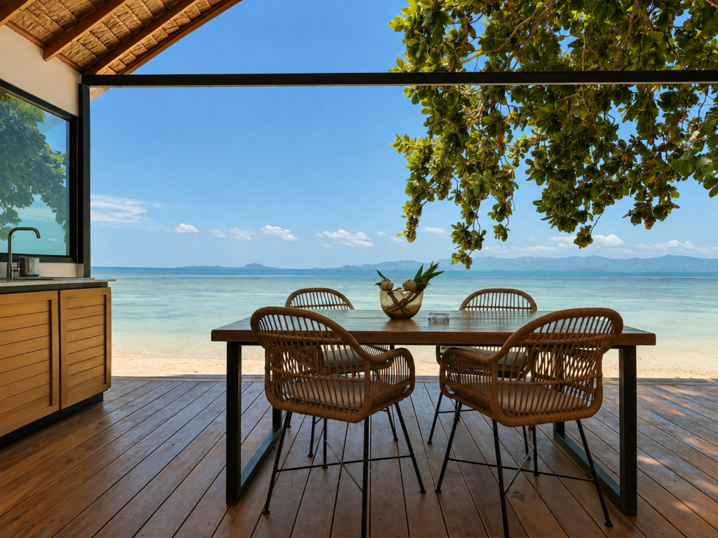 Wooden terrace dining table and woven chairs overlooking the sea.