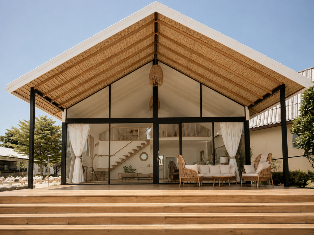 Full view of the glass-fronted villa with terrace seating and wide wooden steps.