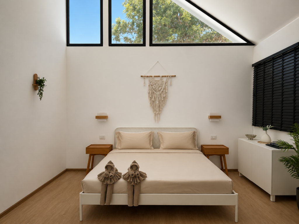 Double bed beneath a macrame wall hanging and high triangular window.