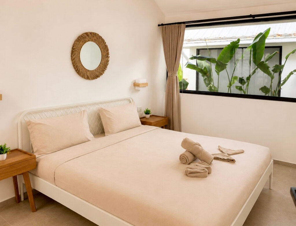Double bed with folded towels beside a wide window and woven wall mirror.