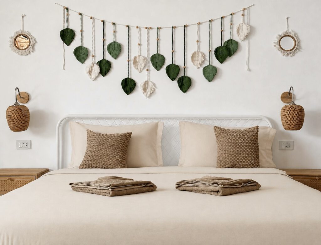 Front view of the double bed, folded towels and hanging leaf wall decor.