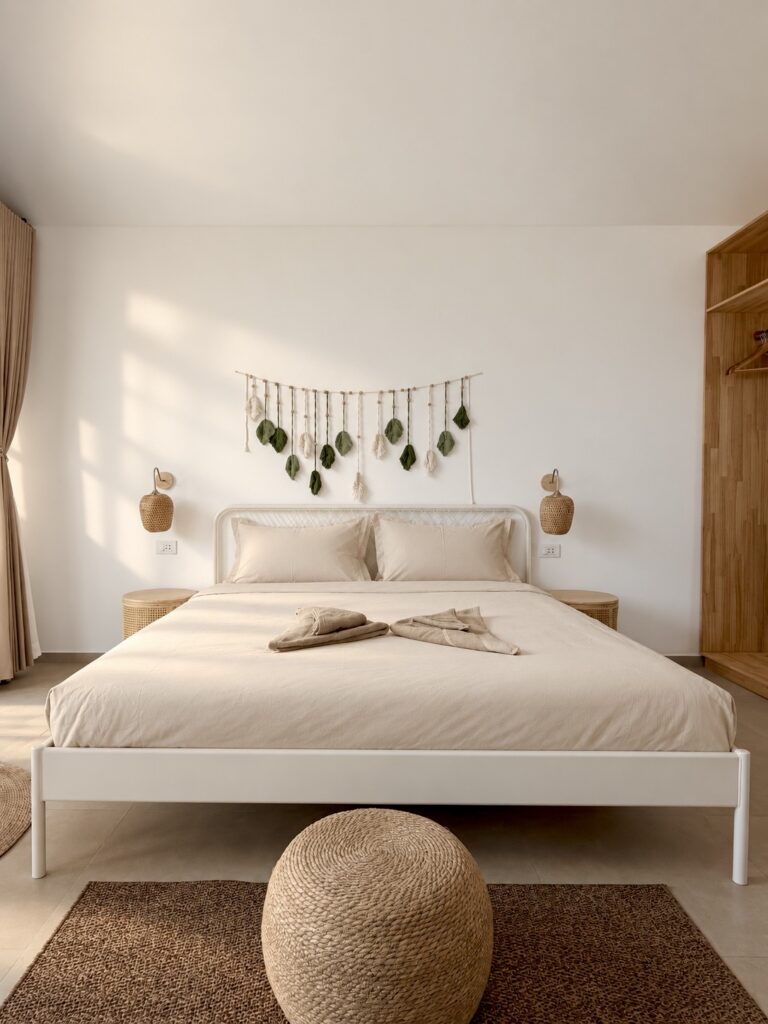 Double bed with folded towels, a woven pouffe and hanging leaf wall decor.