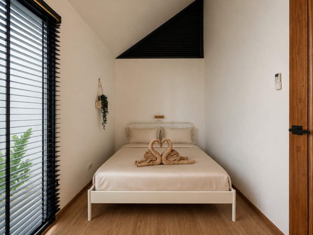Double bed with towel decorations beside a tall window and wooden door.