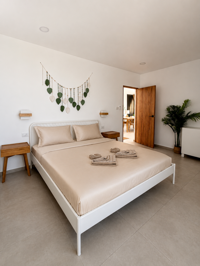 Double bed with hanging wall decor and an open wooden bedroom door.