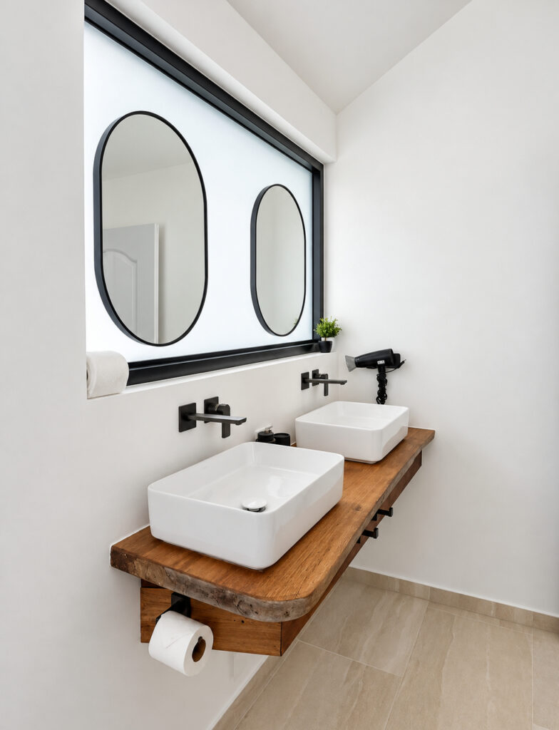 Long wooden bathroom vanity with twin basins and oval mirrors.