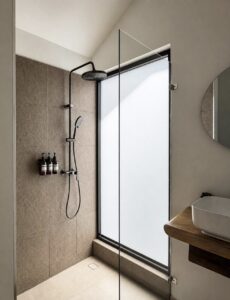 Shower with black fixtures and a glass screen beside a tall frosted window.