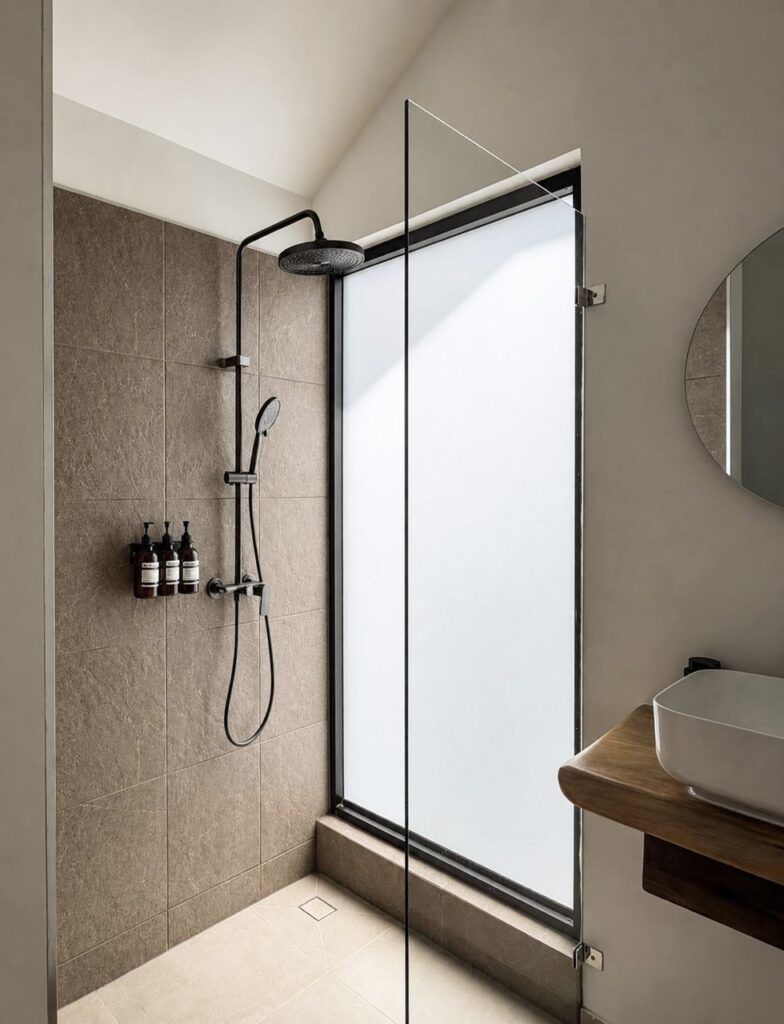 Shower with black fixtures and a glass screen beside a tall frosted window.