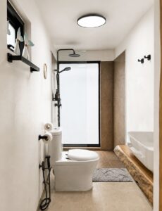 Bathroom with a toilet and overhead shower beside a tall frosted window.