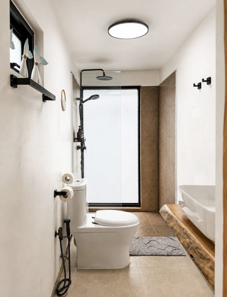 Bathroom with a toilet and overhead shower beside a tall frosted window.