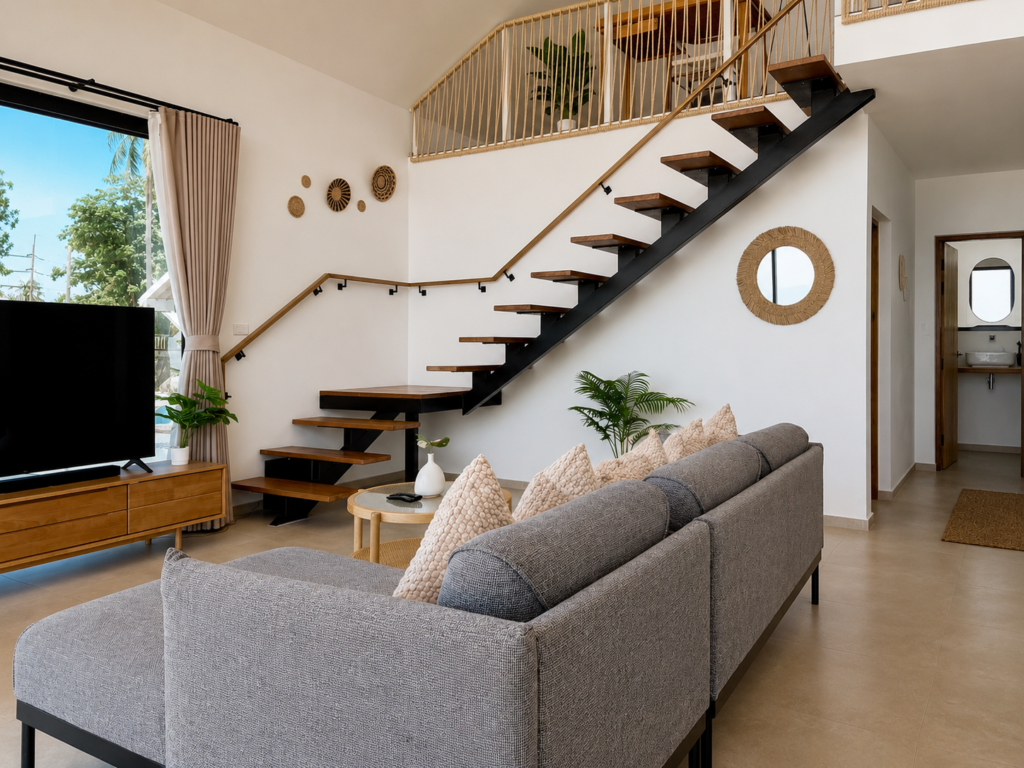 Grey sofa, television and an open wooden staircase leading to the upper level.