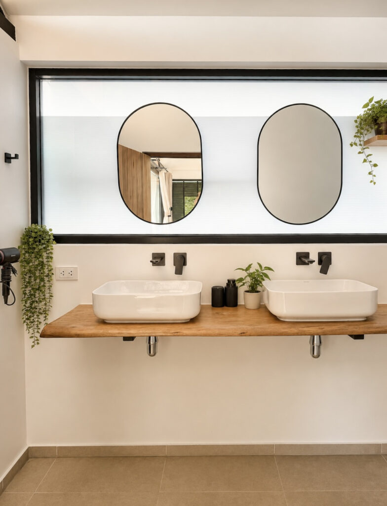 Twin white countertop basins beneath oval mirrors on a wooden bathroom vanity.