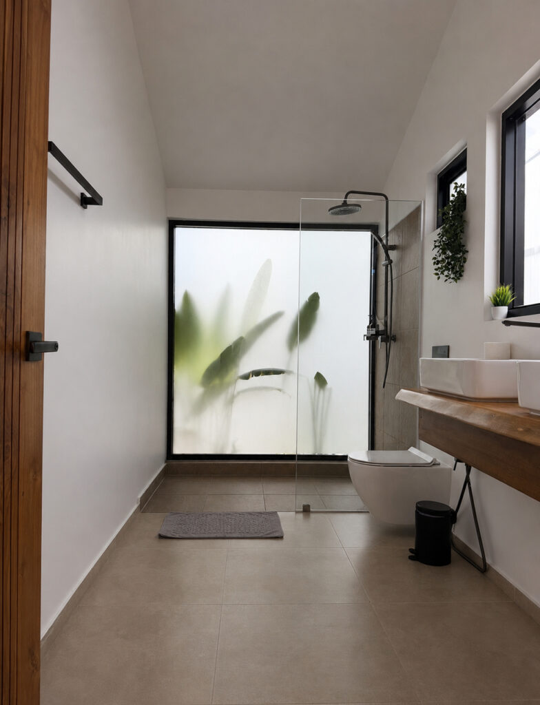 Bathroom with a long double vanity, toilet and shower behind frosted glazing.