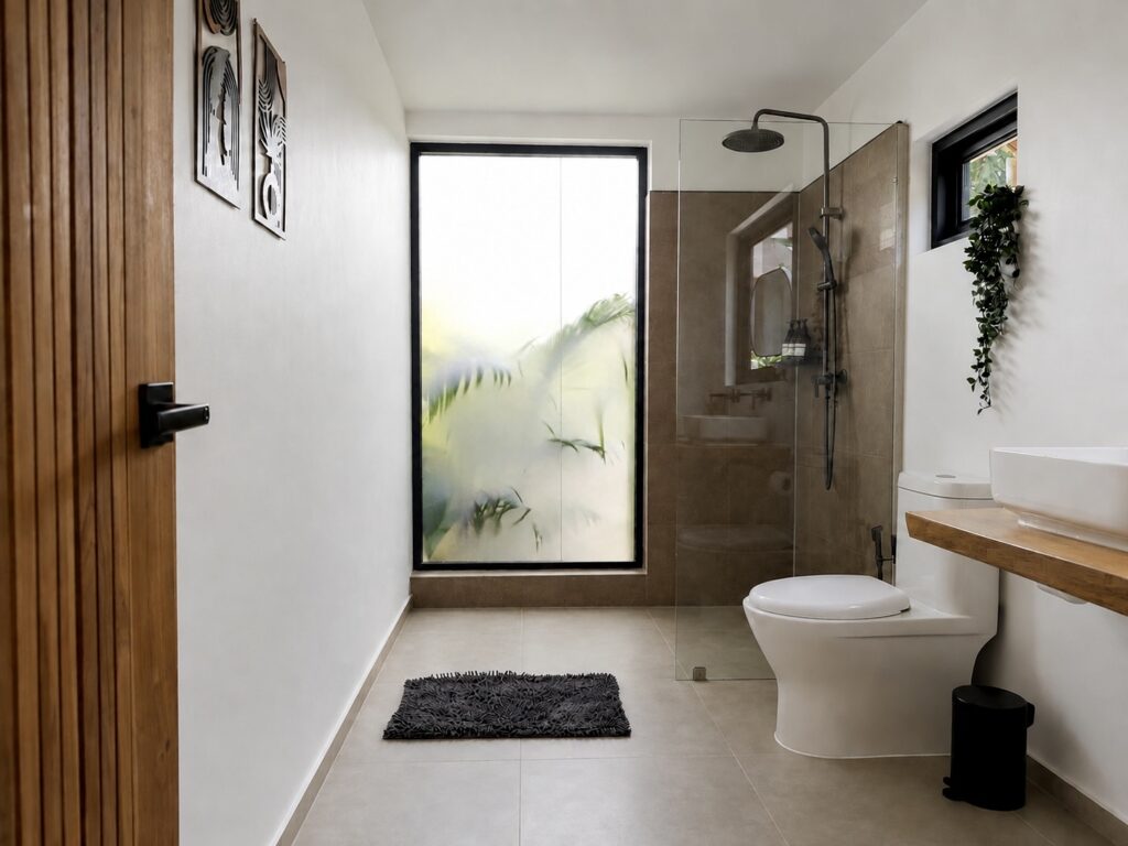 Bathroom with a shower, toilet, countertop vanity and tall frosted window.