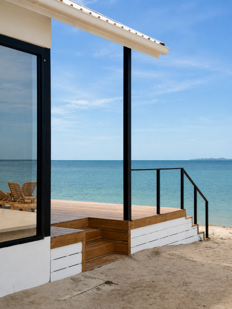 Side view of the villa with wooden terrace steps, sandy beach and sea.