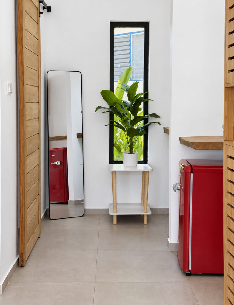 Red mini refrigerator, tall mirror and an indoor plant beside a wooden door.