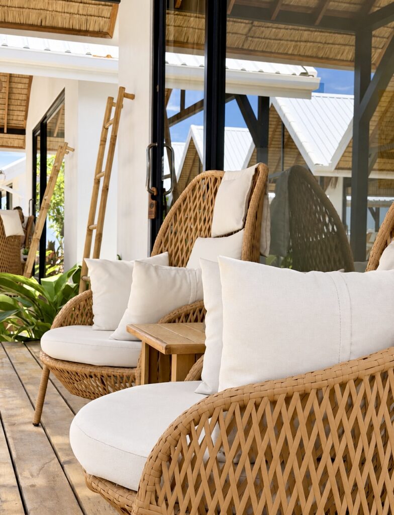 Woven high-backed lounge chairs and a wooden table on the terrace.