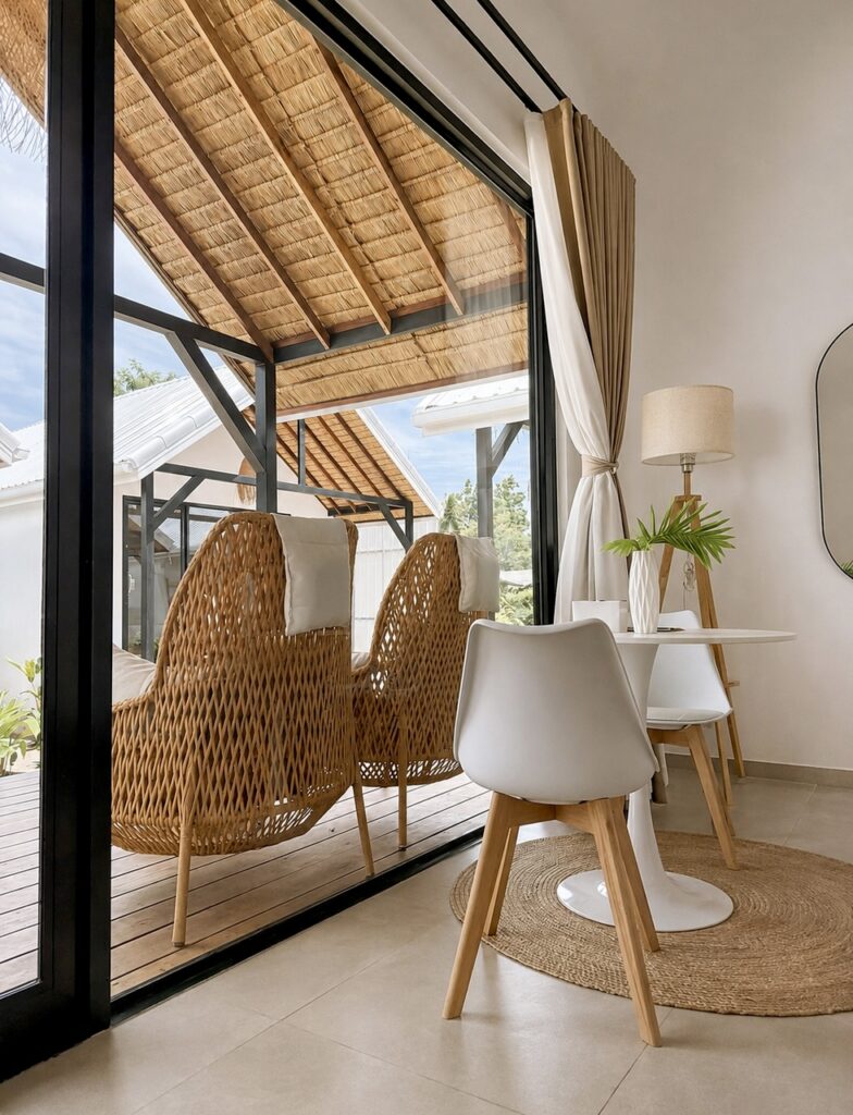 White dining table and chairs beside tall glass doors and terrace seating.