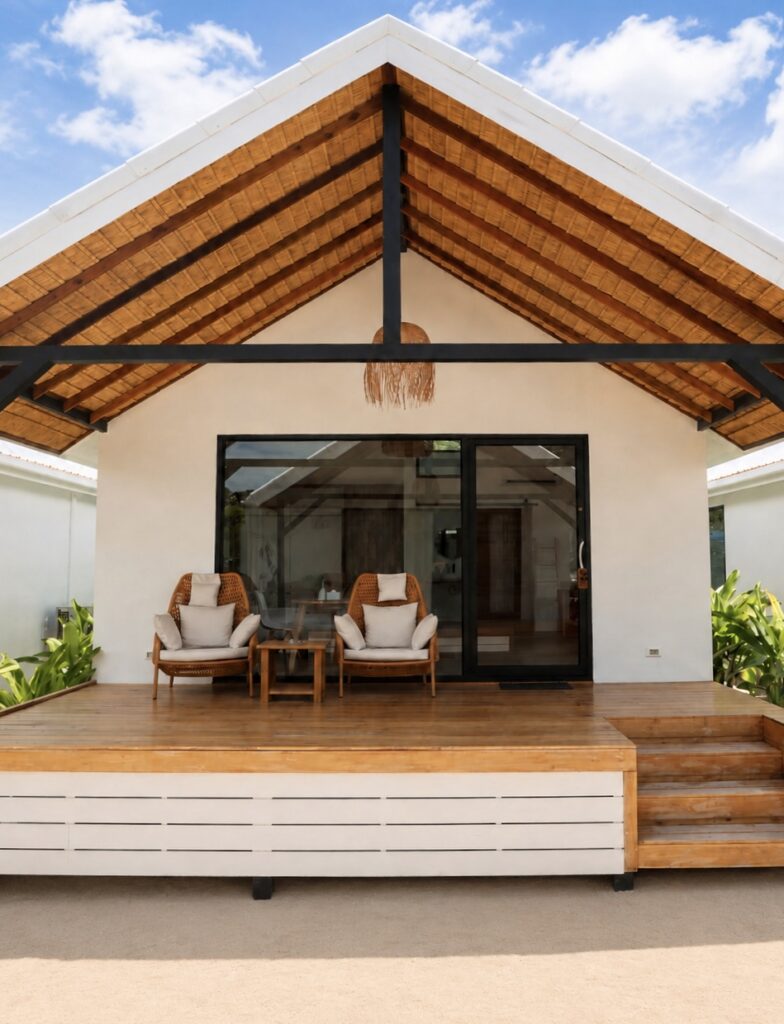 Full villa facade with a pitched wooden roof, terrace seating and wide steps.