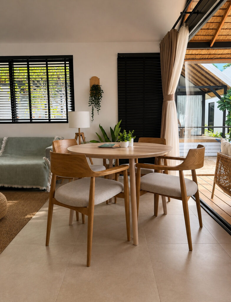 Dining table and wooden chairs beside the sofa and glass doors.