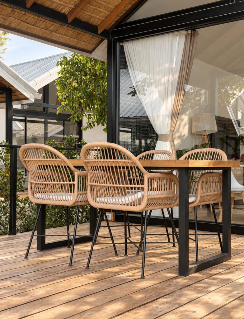 Sunlight falling across the wooden deck and outdoor dining chairs.