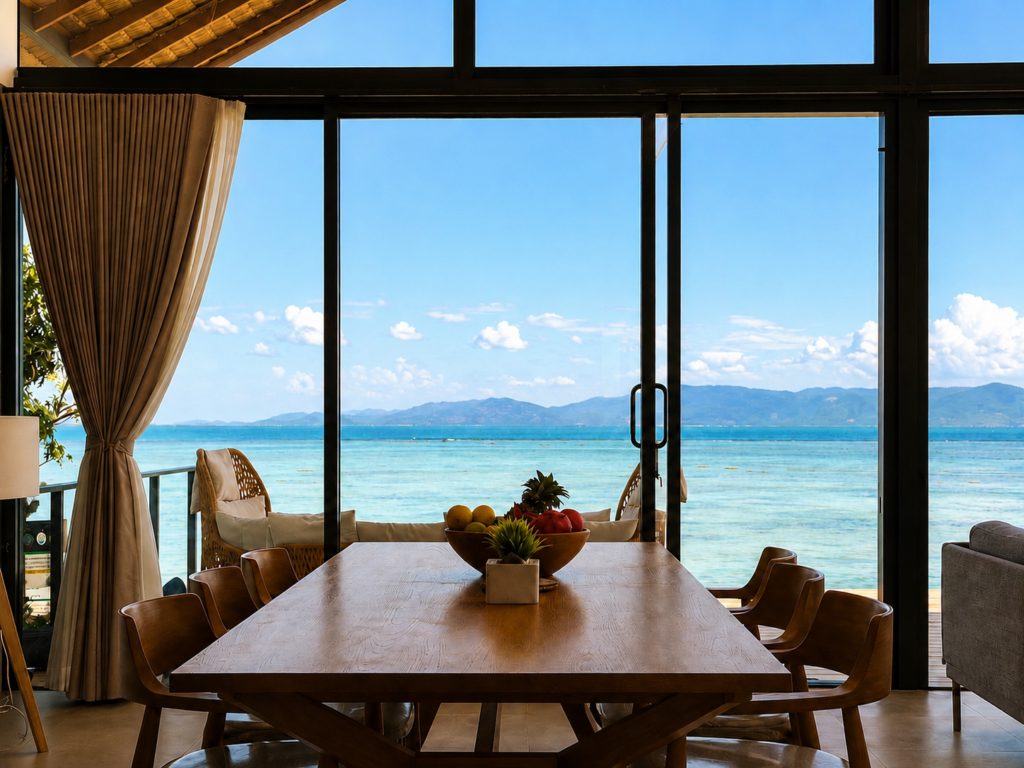 Dining table and fruit bowl in front of panoramic windows overlooking the sea.