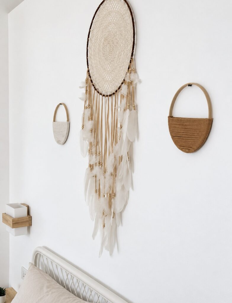 Dreamcatcher-style wall hanging and small woven baskets above the bed.