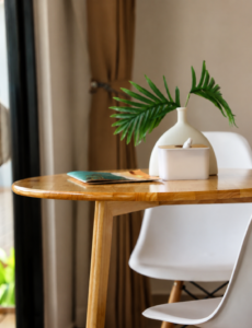 Wooden dining table with a white chair, small vase and tissue box.