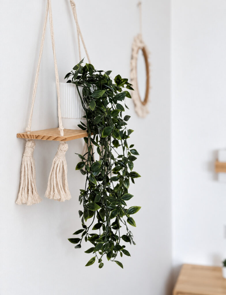 Hanging plant on a small macrame shelf beside woven wall decor.