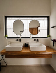 Front view of the double bathroom vanity beneath a wide frosted window.