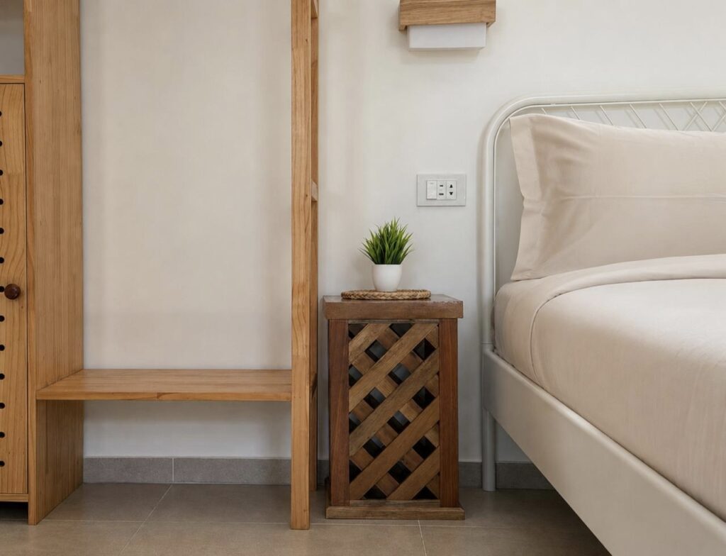 Wooden lattice-sided bedside table with a small plant beside the bed.