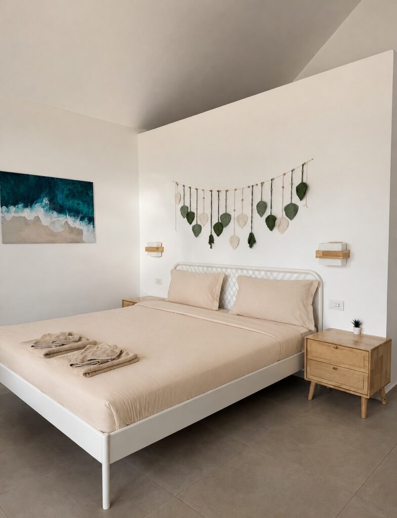 Double bed with folded towels, wooden bedside tables and leaf wall decor.