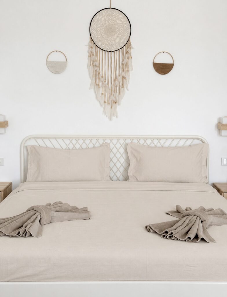 Bed pillows and folded towels beneath the woven wall hanging.