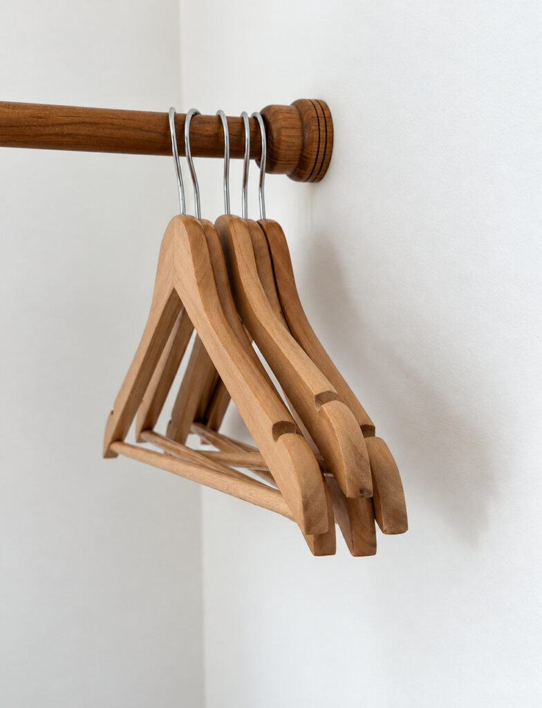 Wooden clothes hangers on the open wardrobe rail.