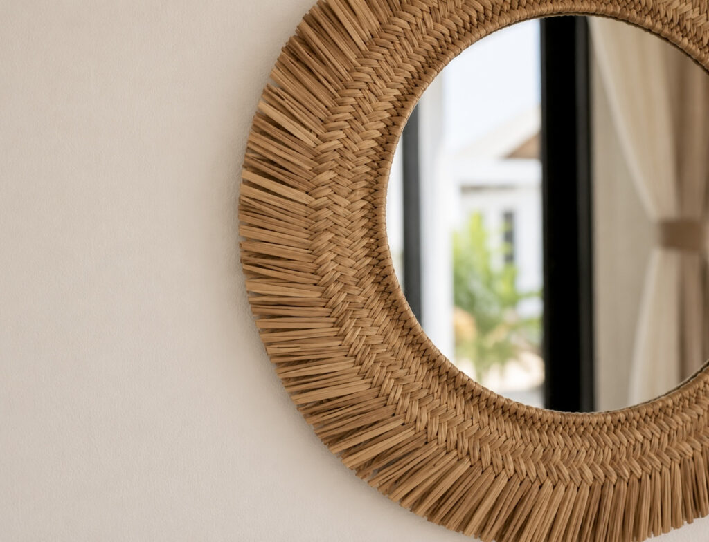 Close view of a round woven-framed wall mirror.
