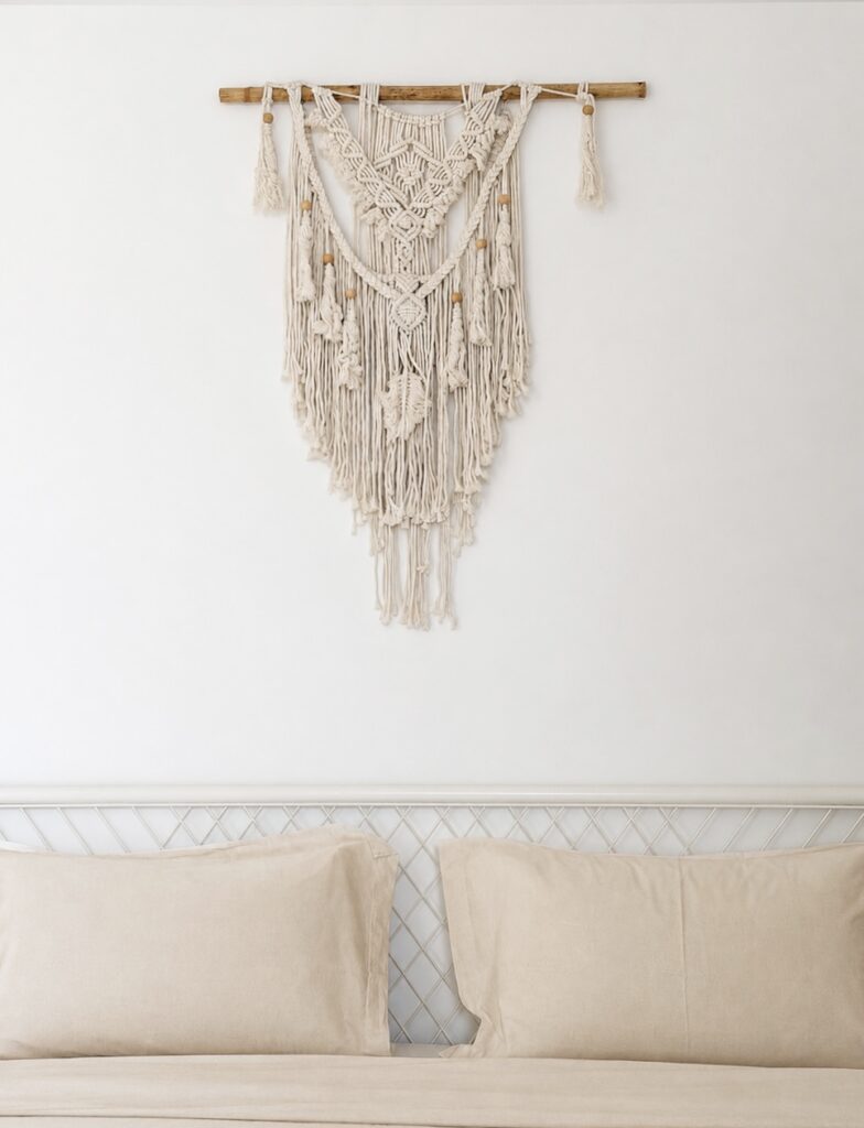 Macrame wall hanging above the cream bed pillows.