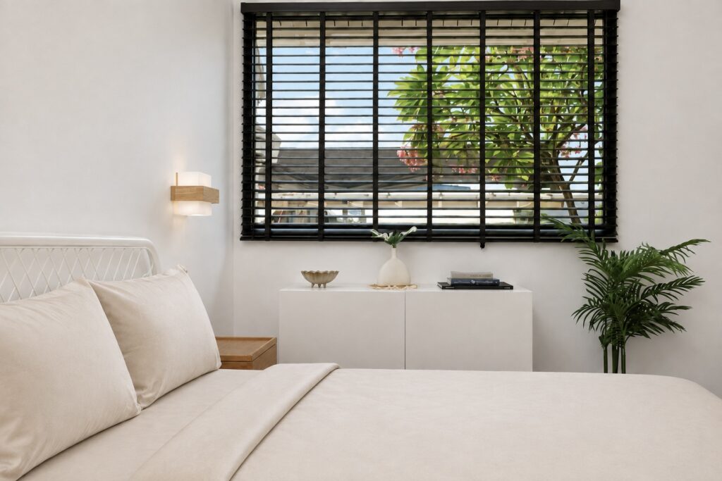 Bedside view towards a window with a black blind and a white cabinet.