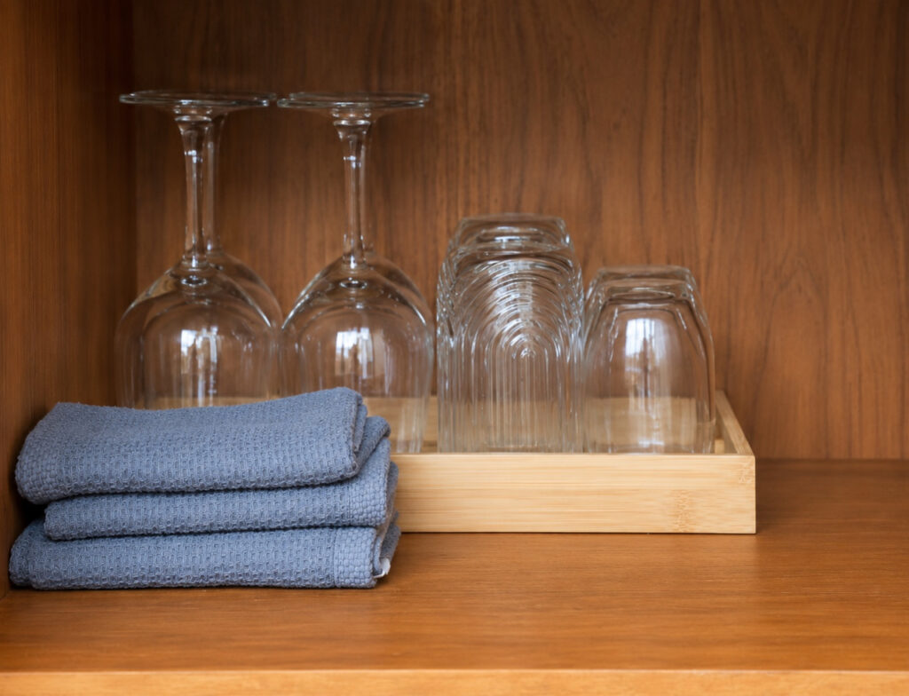Wine glasses, tumblers and folded towels on an open wooden shelf.