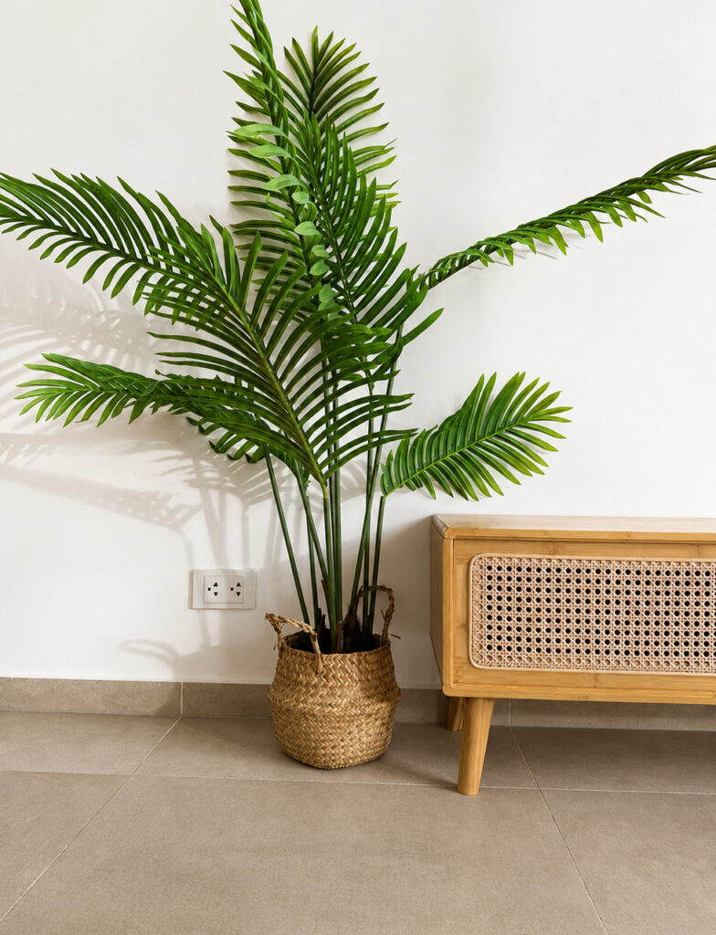 Indoor palm in a woven basket beside the low media unit.